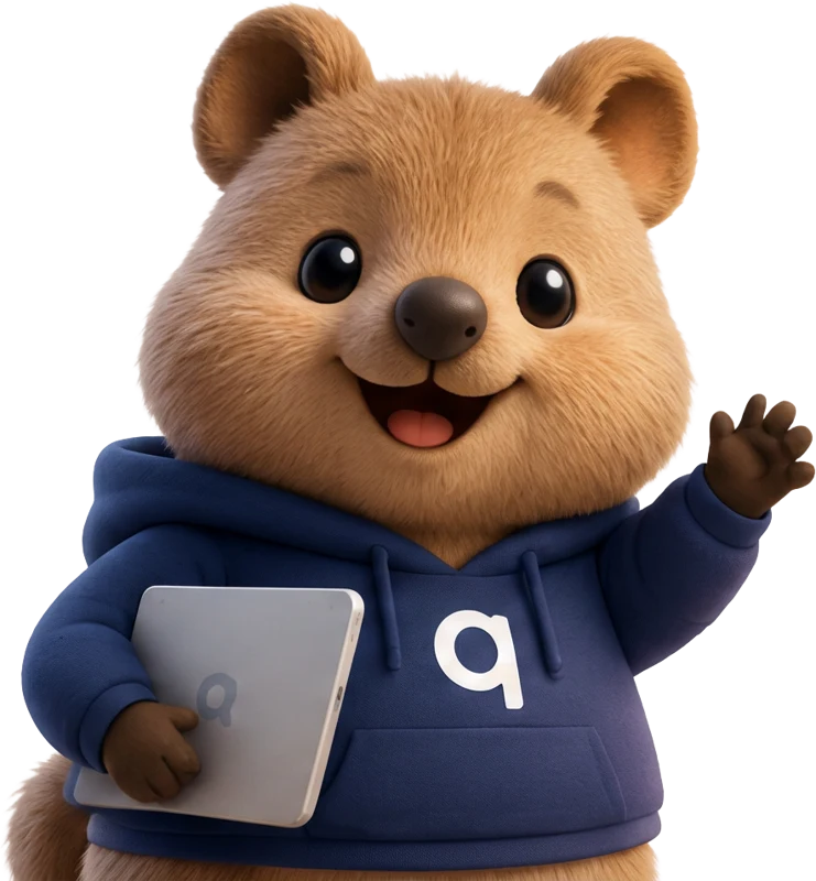Qwala mascot waving hello while holding a tablet